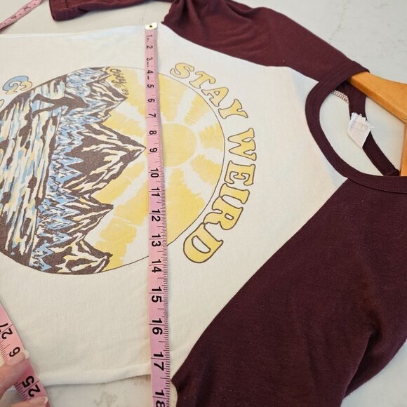 OBEY Size Small Raglan T-Shirt Maroon Big Foot Print “Stay Weird and Live Free” - Picture 8 of 9